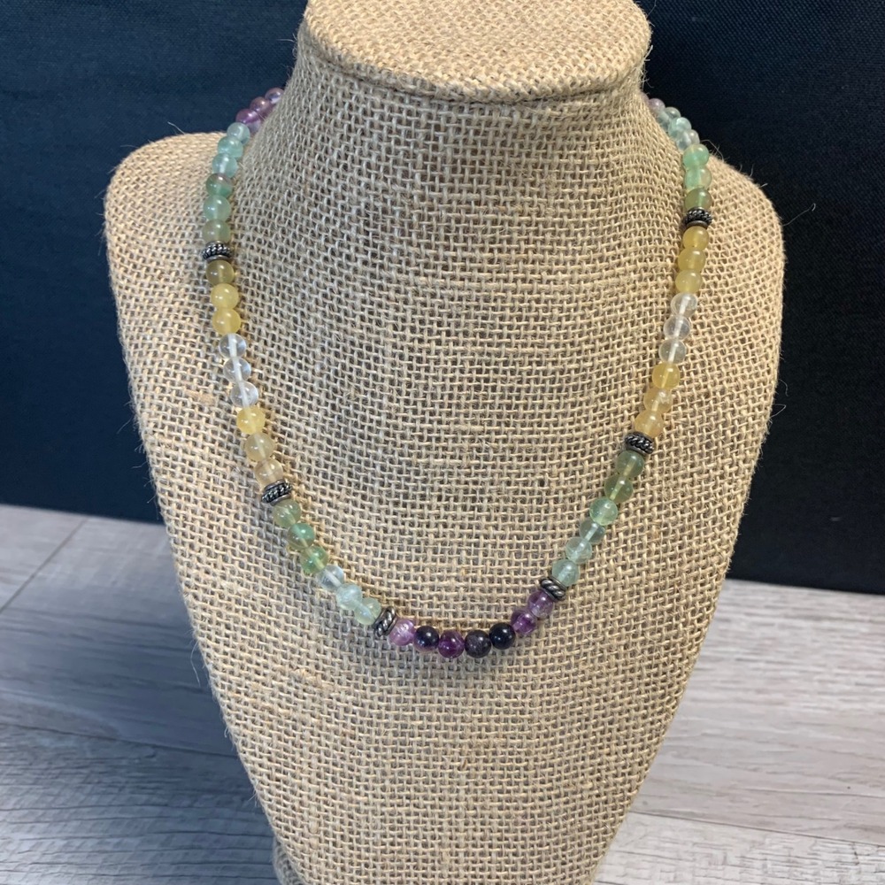 Rainbow Fluorite Beaded Necklace Silver Tone Toggle Clasp 16 Inch Boho Gemstone